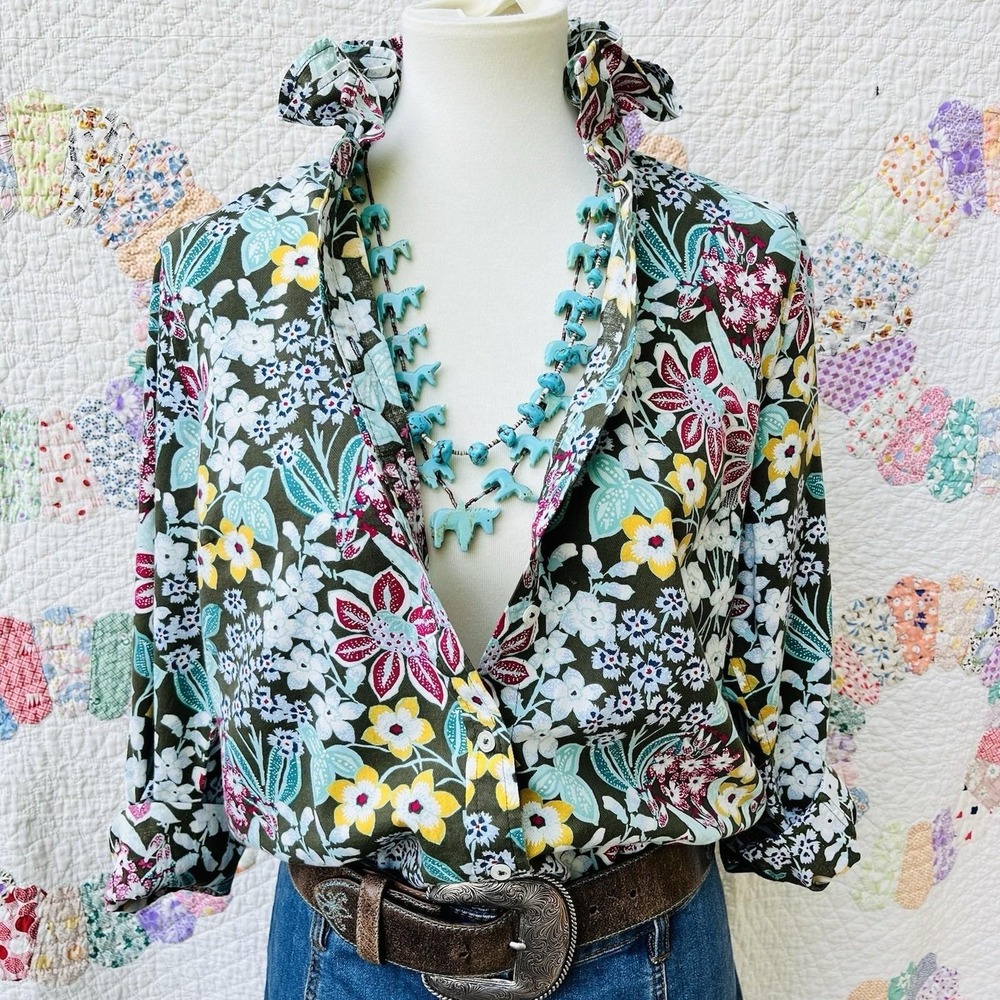 Upcycled Fairycore Talbots Loden Green Floral Long Sleeve Ruffle Collar Shirt M